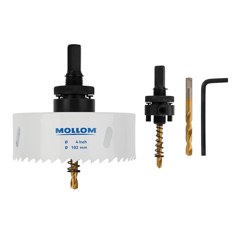 Mollom (102mm | 4") HSS M42 with 8% Cobalt BI-Metal Hole Saw with 2 Pilot Drill Bits & Arbor Smooth Cutting for PVC,Drywall,Wood,Plastic,Gypsum Board,Rubber - Image 1